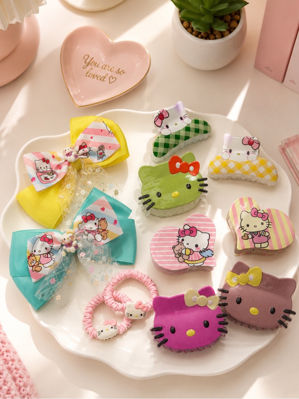 11 pc bundle lot Hello Kitty cute Hair Accessories Set Pink,Yellow,Teal,Purple